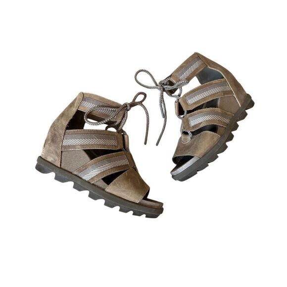 Sorel Joanie II Wedge Sandals Lace Up Gladiator Brown size 6 Leather Taupe - Picture 1 of 8